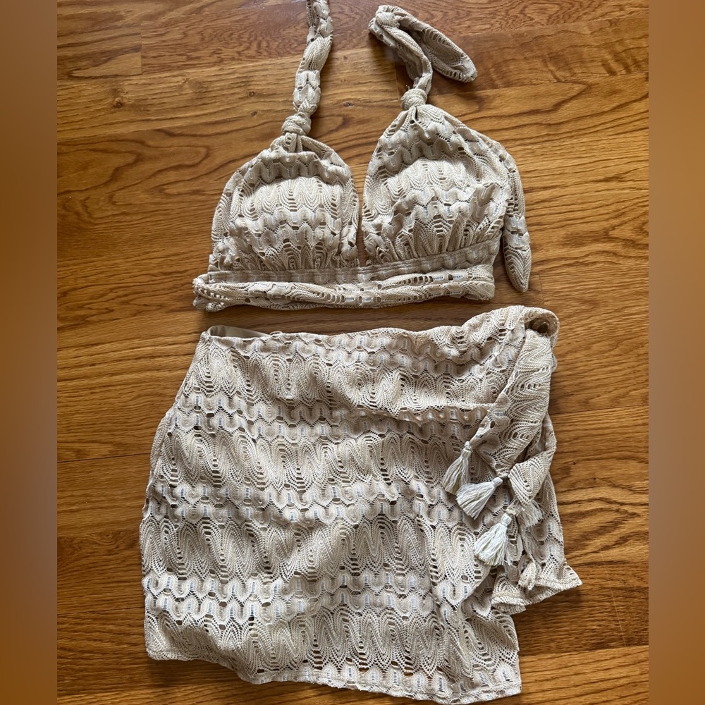 Women’s Crochet Metallic Bathing Suit Top & Wrap Skirt - Cream Set